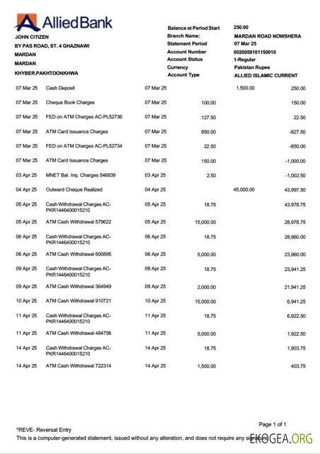Modèle Word et PDF de relevé de compte Pakistan Allied Bank Limited